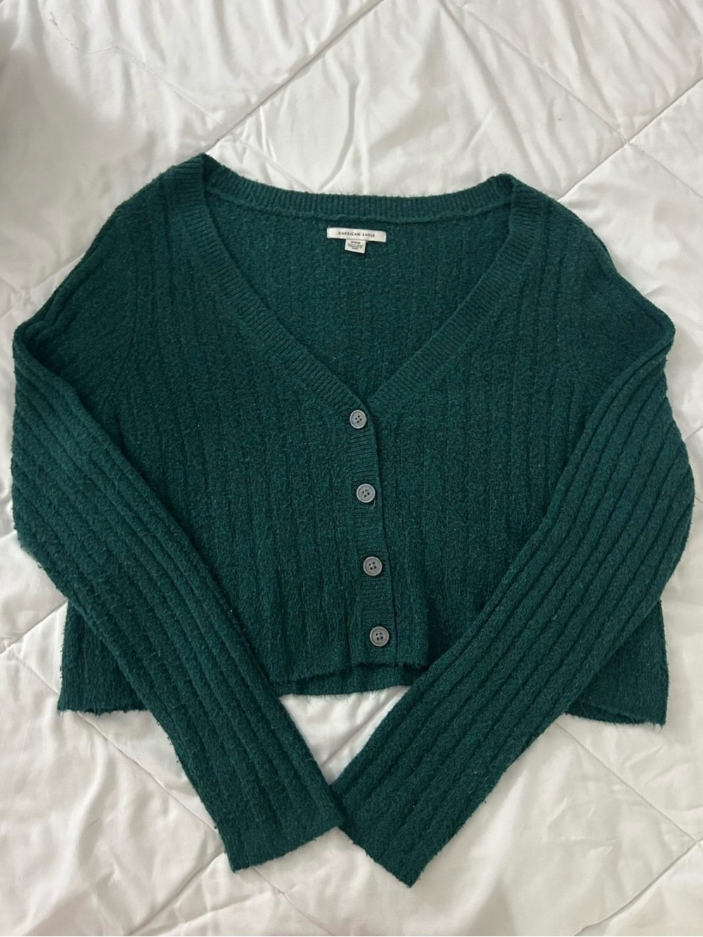 American eagle Dark Teal Ribbed V-Neck Button Crop Sweater